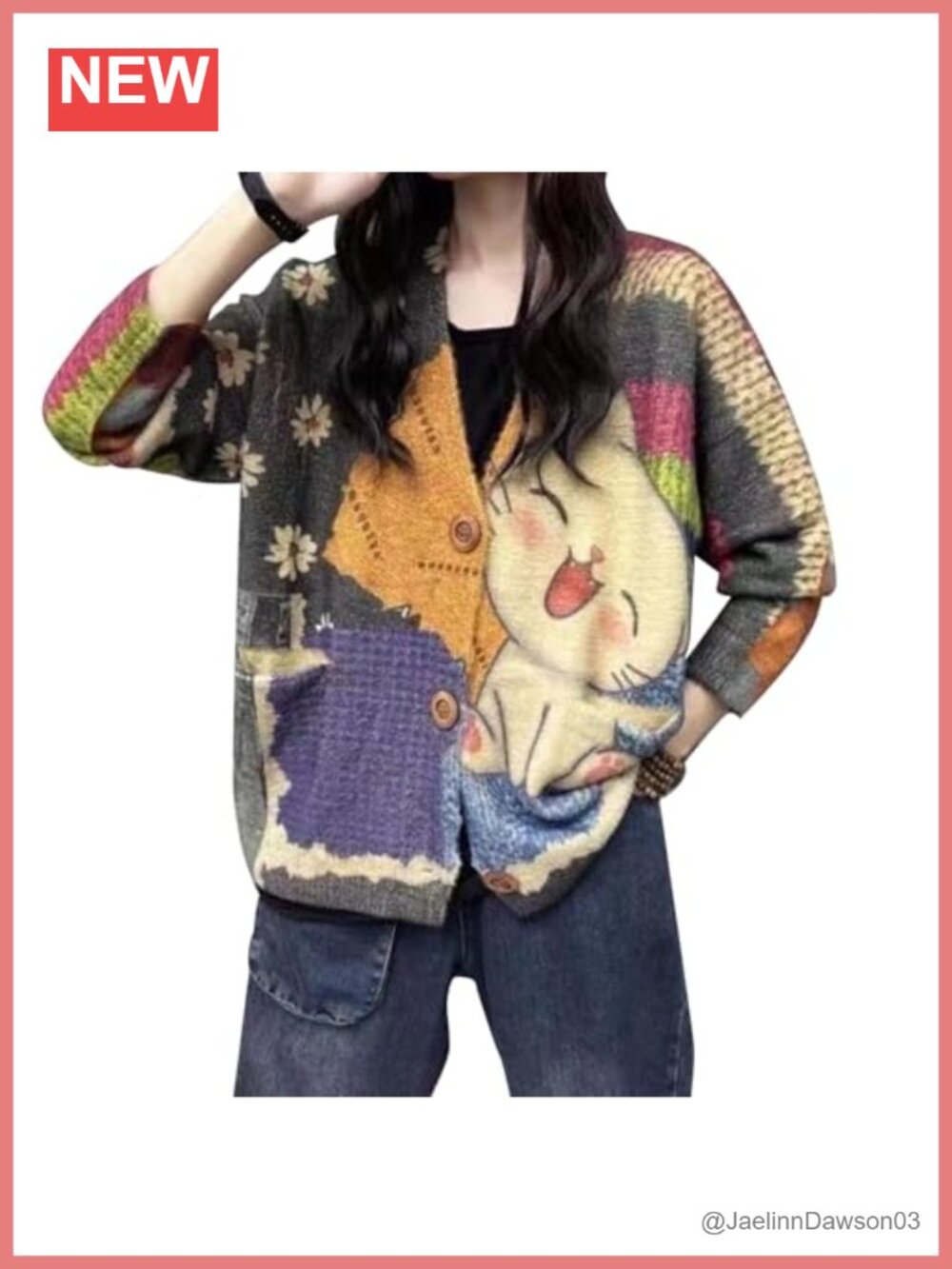 TBUS V Neck Oversized Cat Print Cardigan Boho Patchwork Knit Sweater Pockets